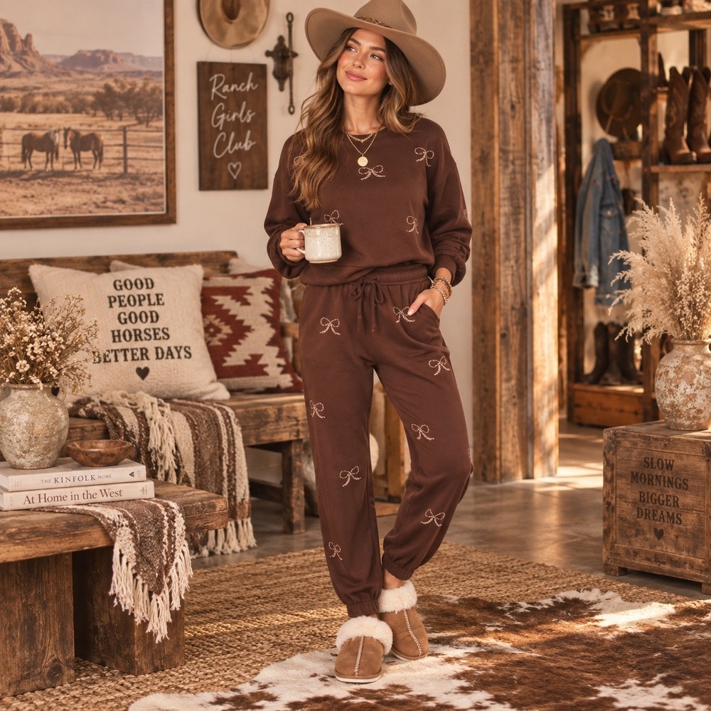 271.New Rareraw Womens Beaded Bow Sweatshirt and Jogger Set Brown